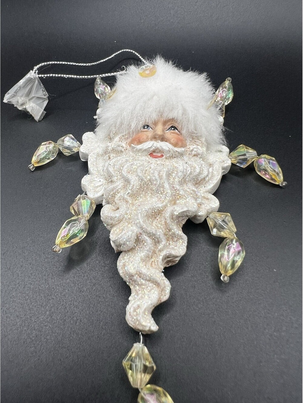 Vintage Hanging Santa Head With Faceted Acrylic Crystals Ornament